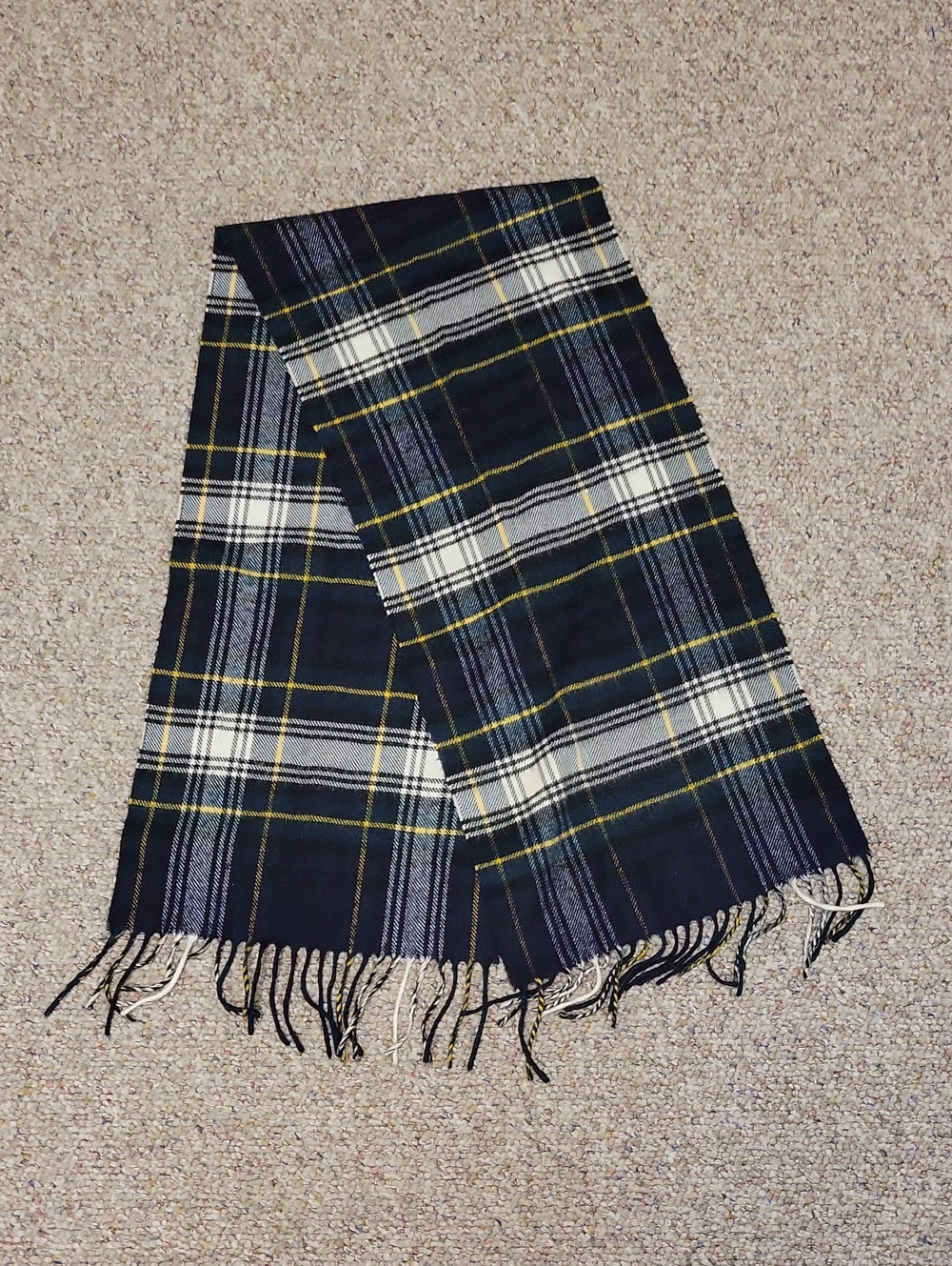 Christian Dior Plaid Fringe Cashmaire Scarf in Navy, White and Yellow Vintage